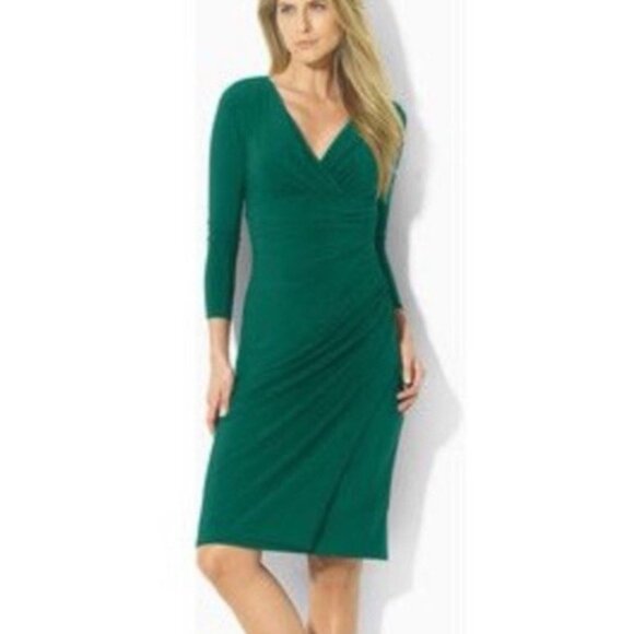 Ralph Lauren Dress 4 Green 3/4 Long Sleeve Stretch Washable Career Church - Picture 1 of 14